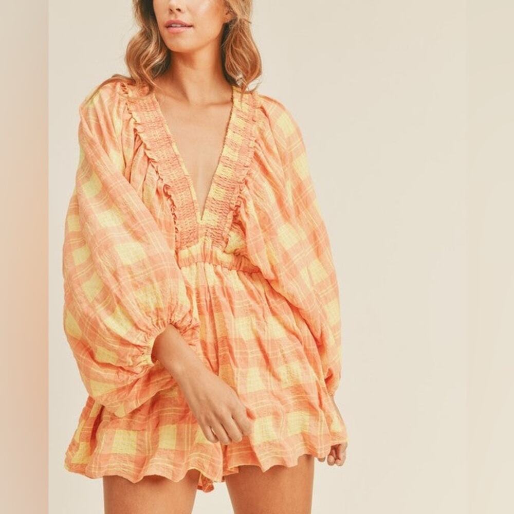 Mable Yellow & Orange Plaid Romper Women's Long Sleeves Size Small
